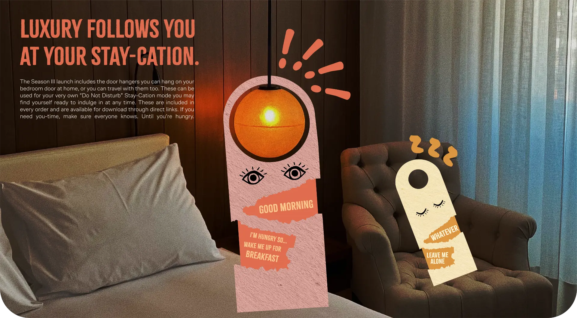 Piers Marino staycation campaign showing illustrated hotel door hangers in a bedroom